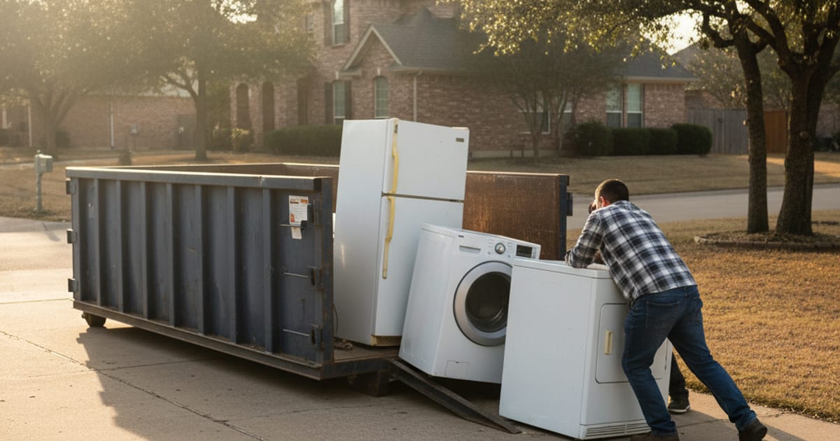 Old appliances being loaded into a roll-off dumpster on a driveway.