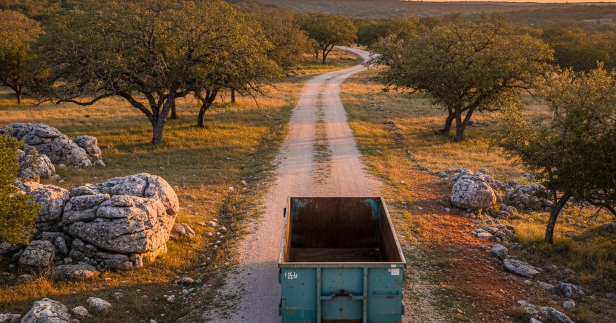 Roll-off dumpster on a Texas Hill Country ranch driveway.