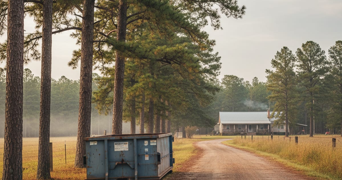 Roll-off dumpster on a quiet Northeast Texas country road.