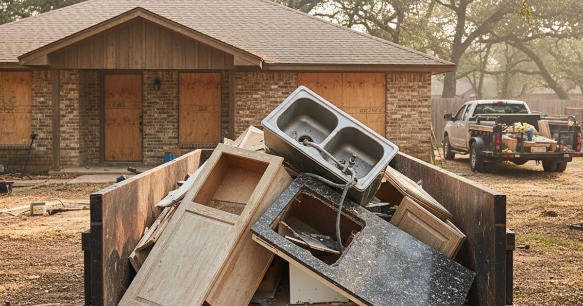 Roll-off dumpster filled with kitchen remodel debris.