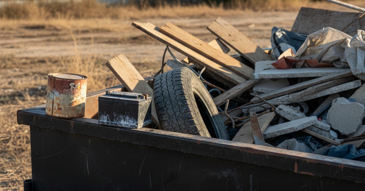 Close-up of a roll-off dumpster with prohibited items at the edge.