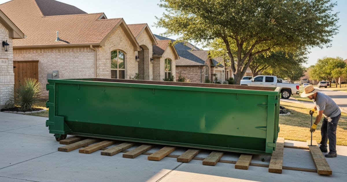 Roll-off dumpster on wooden planks protecting a concrete driveway.