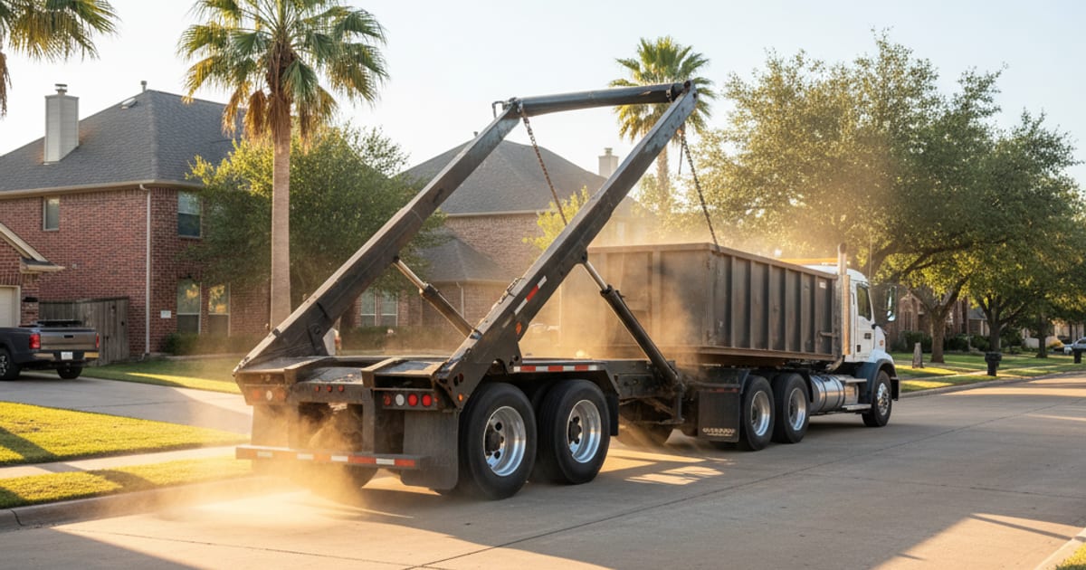 Roll-off truck delivering a dumpster onto a residential driveway.