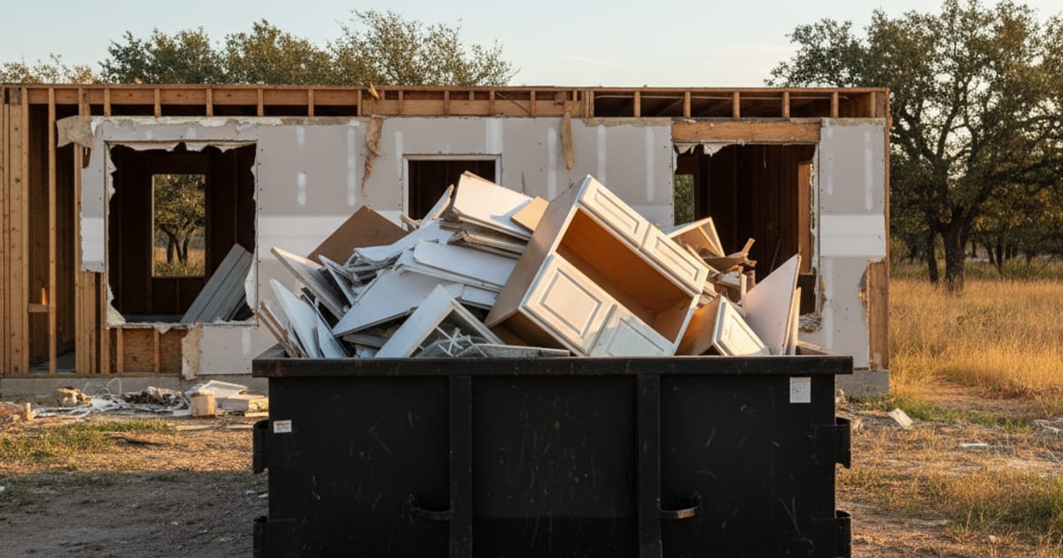 Roll-off dumpster packed with full home renovation debris.
