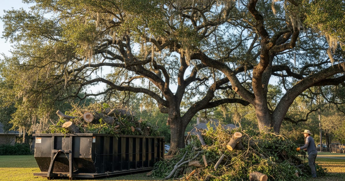 Roll-off dumpster filled with yard waste and tree limbs.